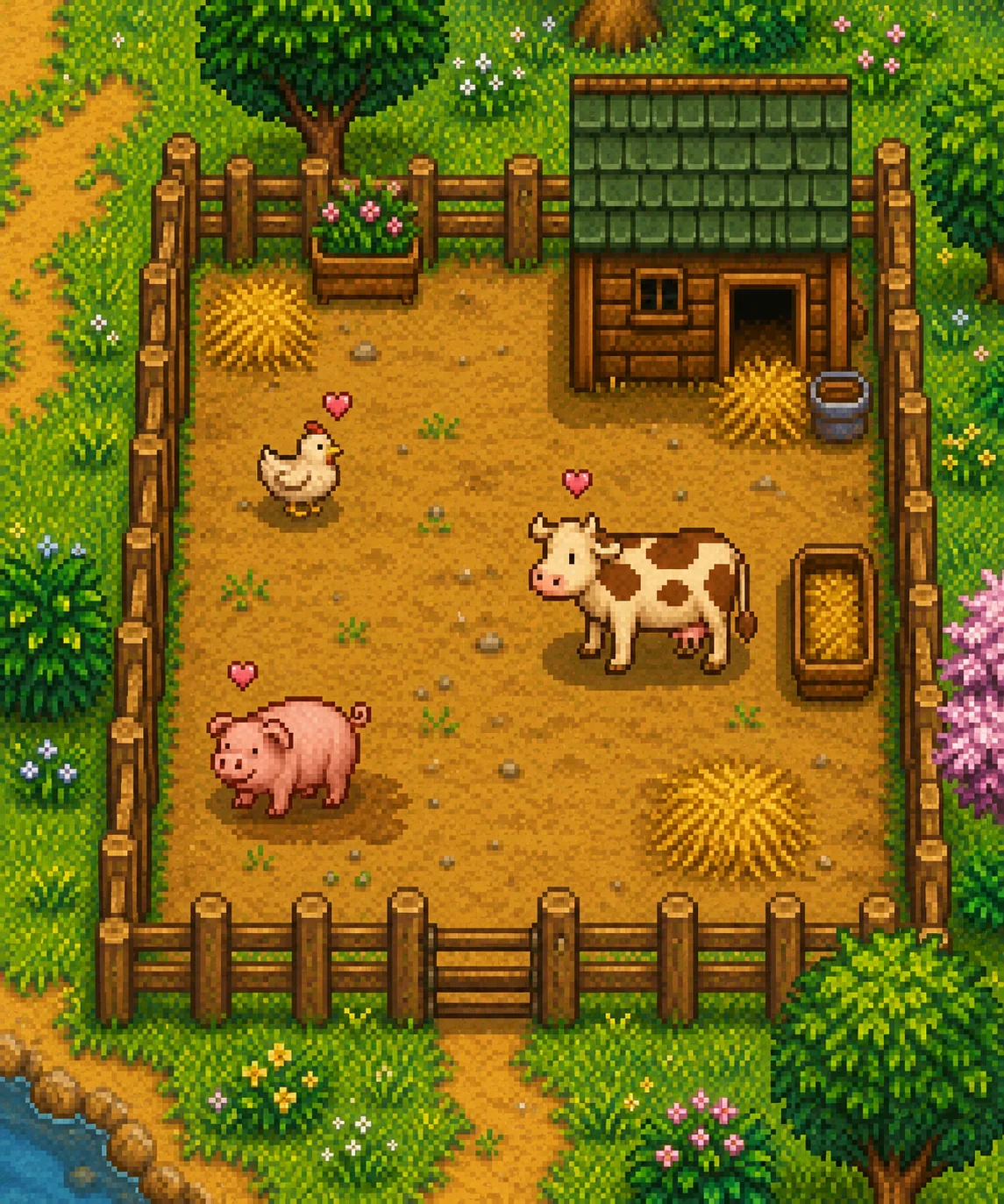 The paddock: a cow, a pig and a chicken beside the barn, each showing an affection heart