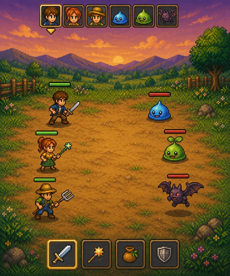 A battle against forest creatures at sunset
