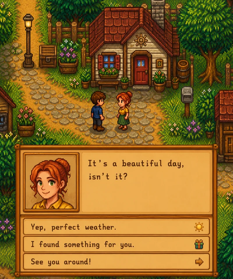 A dialogue window with an NPC portrait and three reply choices