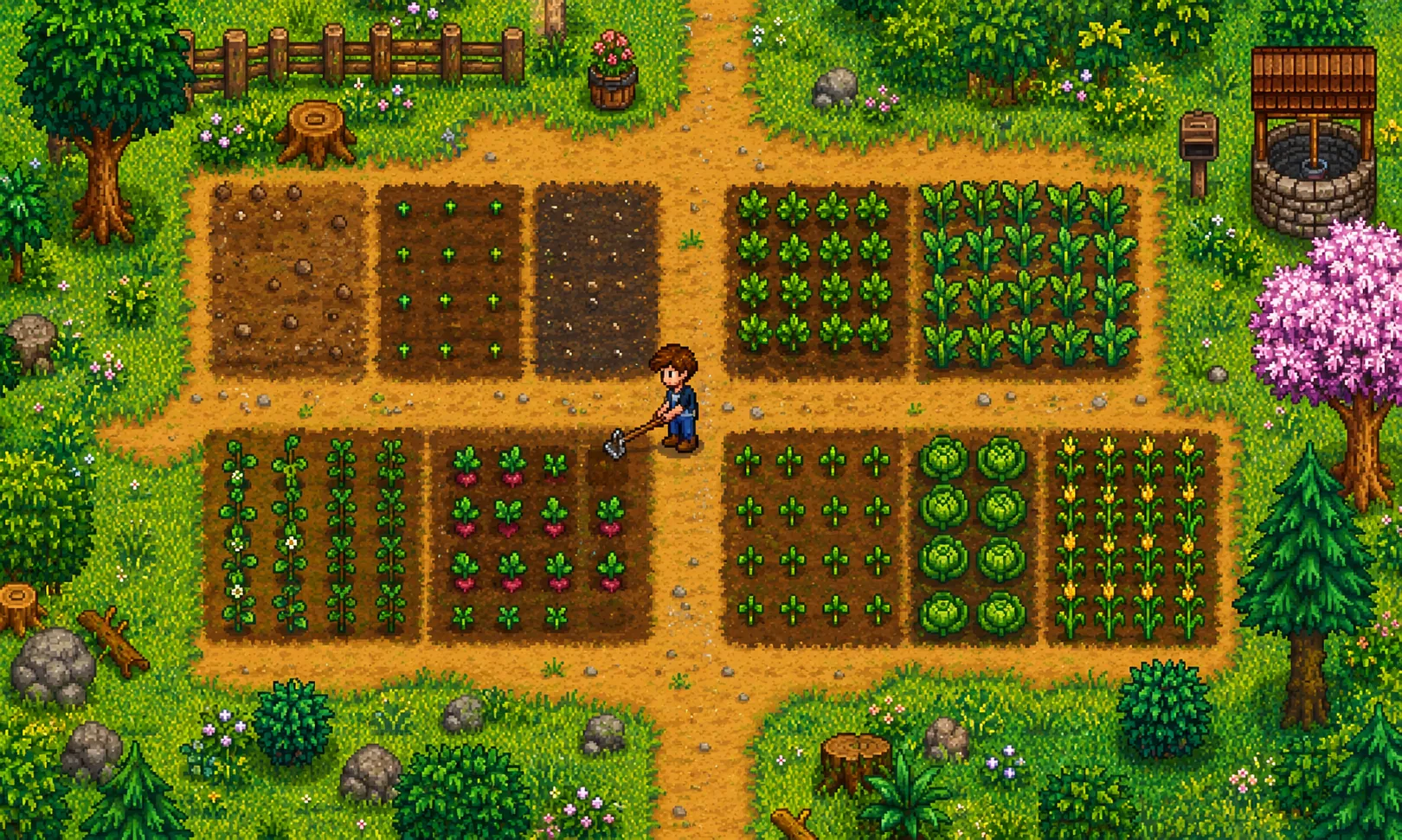 Overview of the farm: greenhouse, crop rows, paddock and barn