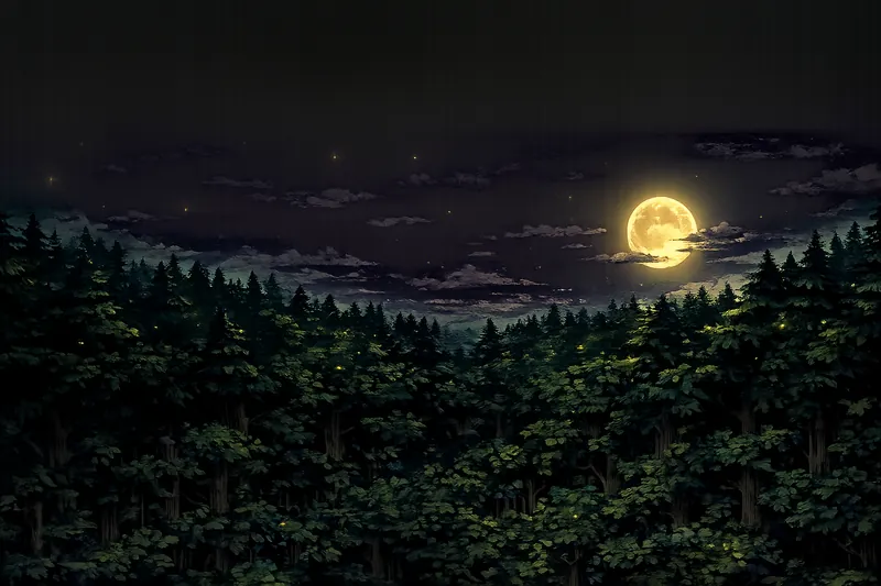 The forest canopy at night, lit by fireflies and a low moon
