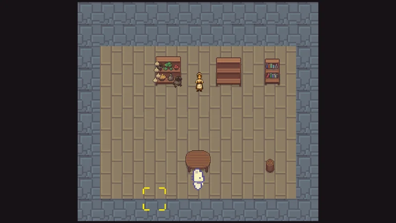 Inside a village shop, the shopkeeper behind her counter