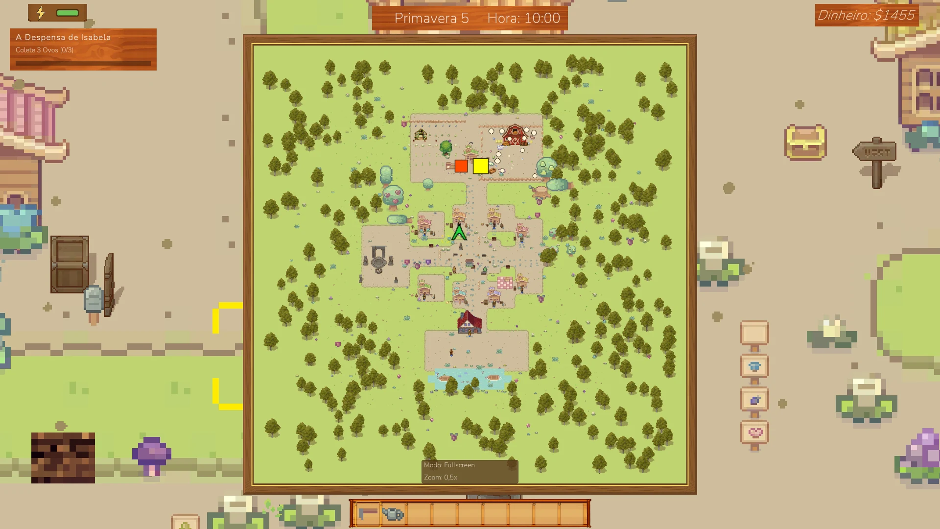 The fullscreen map showing explored terrain, farm and village markers