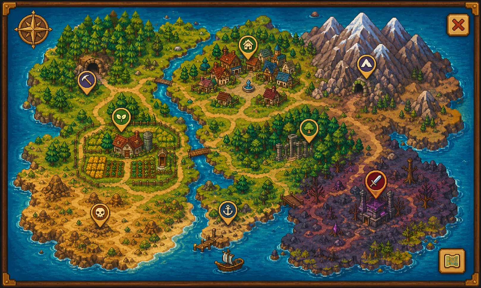 The world map: the farm, village, mines, ruins, coastline and the blighted lands to the east